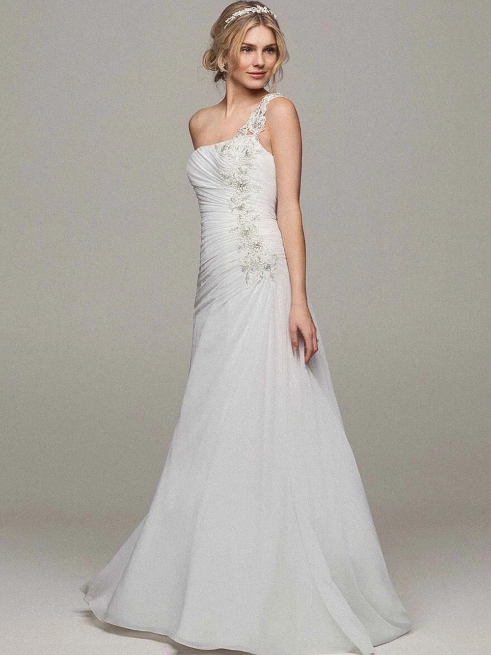 David's Bridal One-Shoulder White Chiffon Bridal Gown with Floral Appliqué Strap